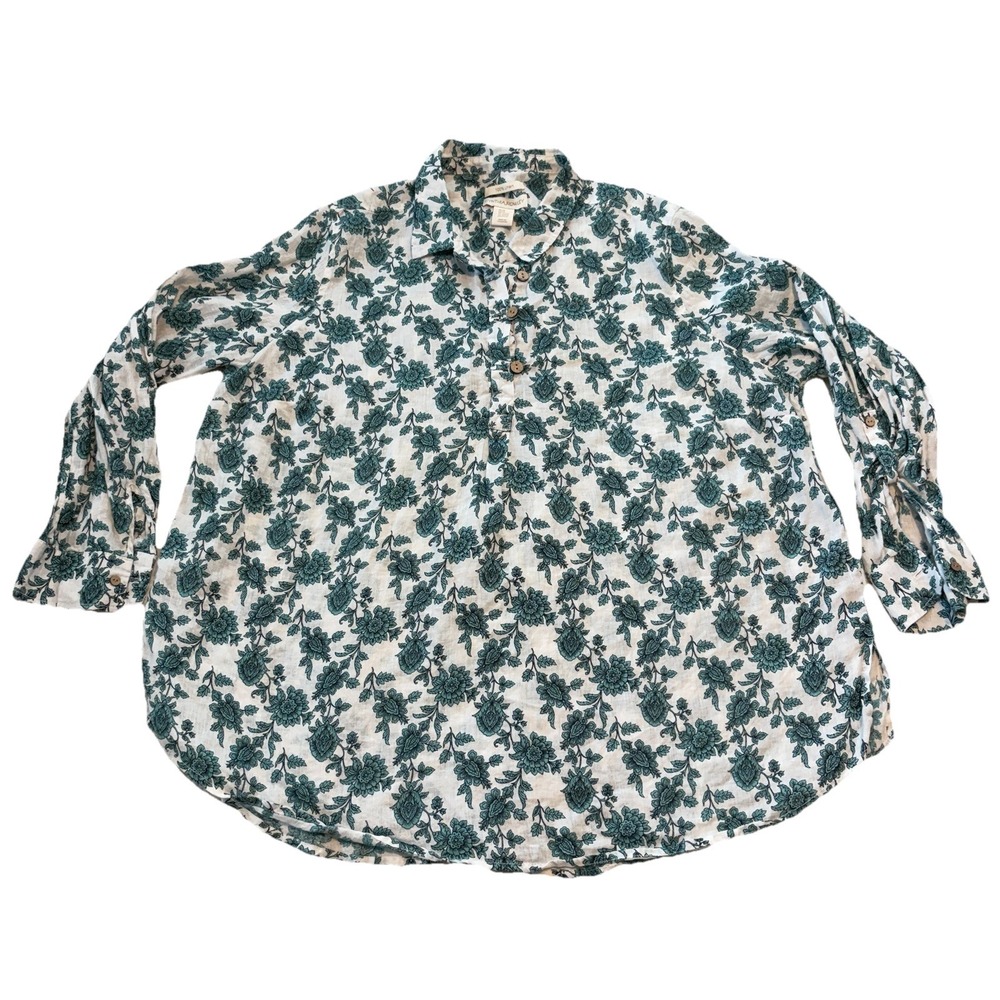 Cynthia Rowley Top Women's 100% Linen White Green Floral Buttons Shirt Size‎ 2X